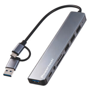 POWERTECH USB hub PTR-0205 με card reader, 8 θυρών, USB & USB-C σύνδεση, γκρι