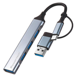 POWERTECH USB hub PTR-0206, 4x θυρών, USB 3.0, 5Gbps, USB & USB-C σύνδεση, γκρι